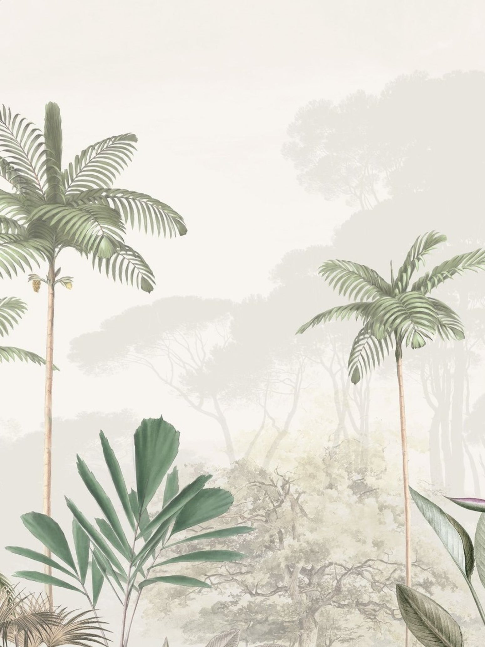 Palmen und Farbe und Urwald auf Stoff bedruckt als Wanddeko