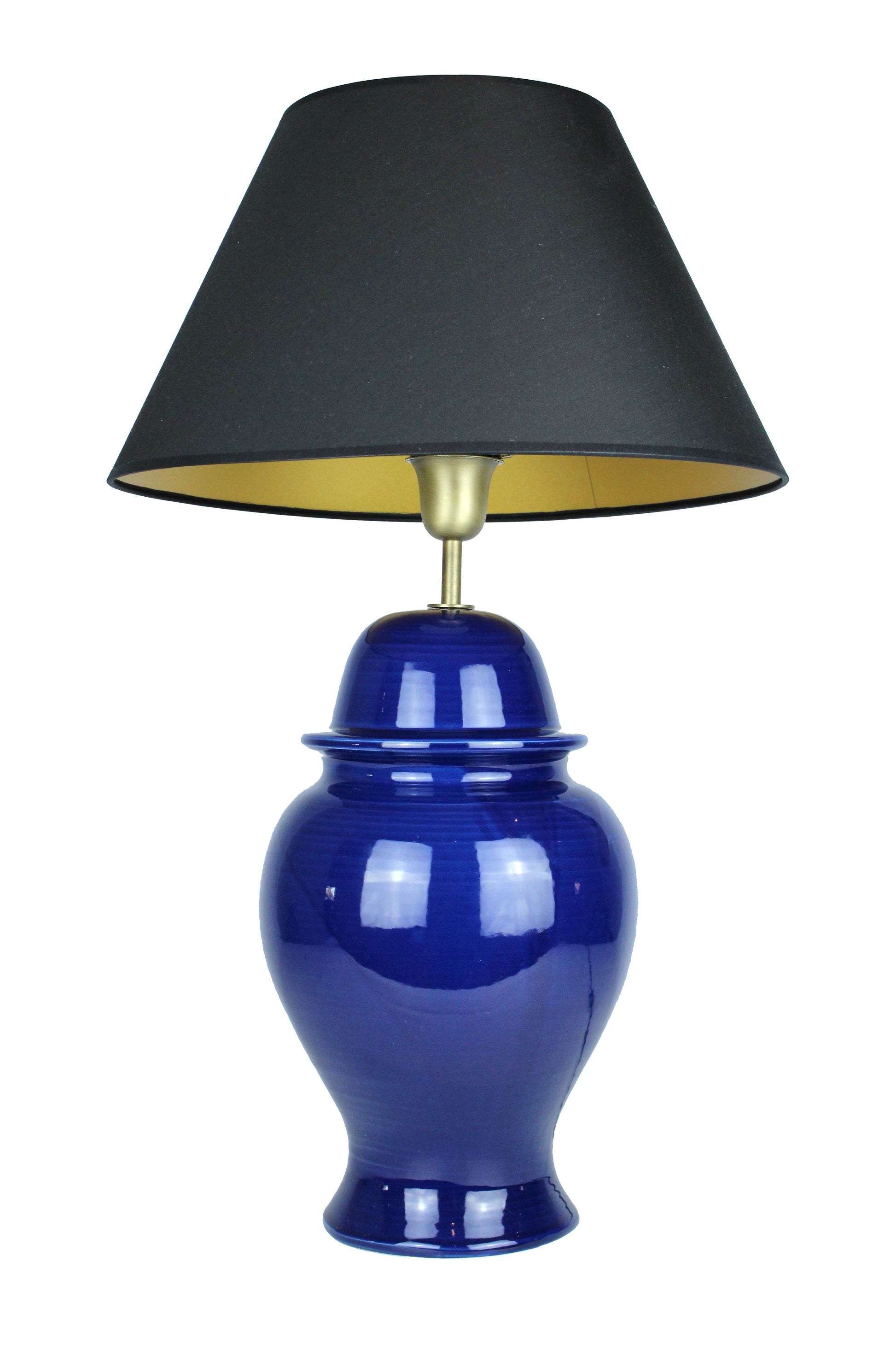 Keramiklampe dunkelblau mit schwarzem Lampenschirm