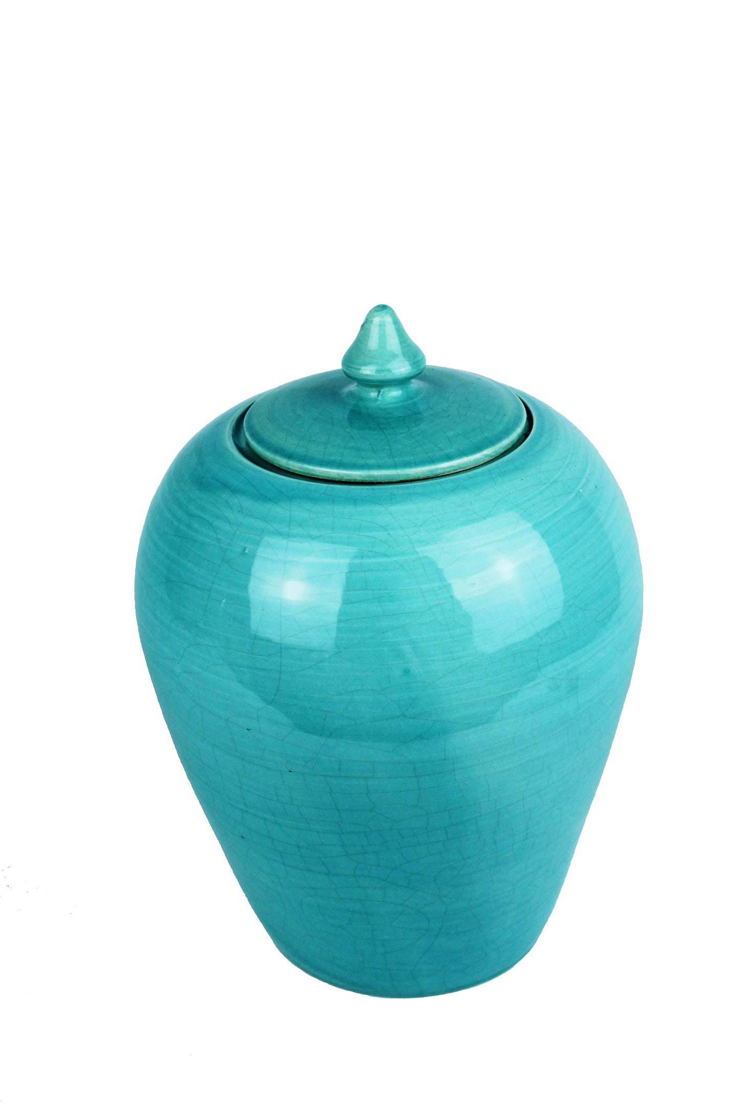 türkise Vase mit Deckel als Tischdekoration