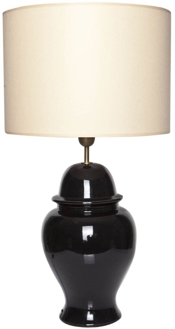 Tischlampe in schwarzer Keramik mit Lampenschirm beige in Zylinderform