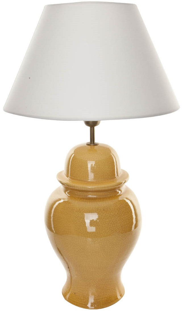 gelbe Keramiklampe mit weißem Stoffschirm