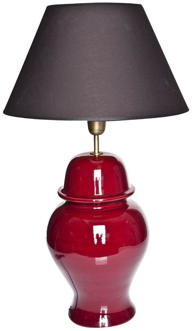 rote Lampe aus Keramik glänzend mit Lampenschirm schwarz