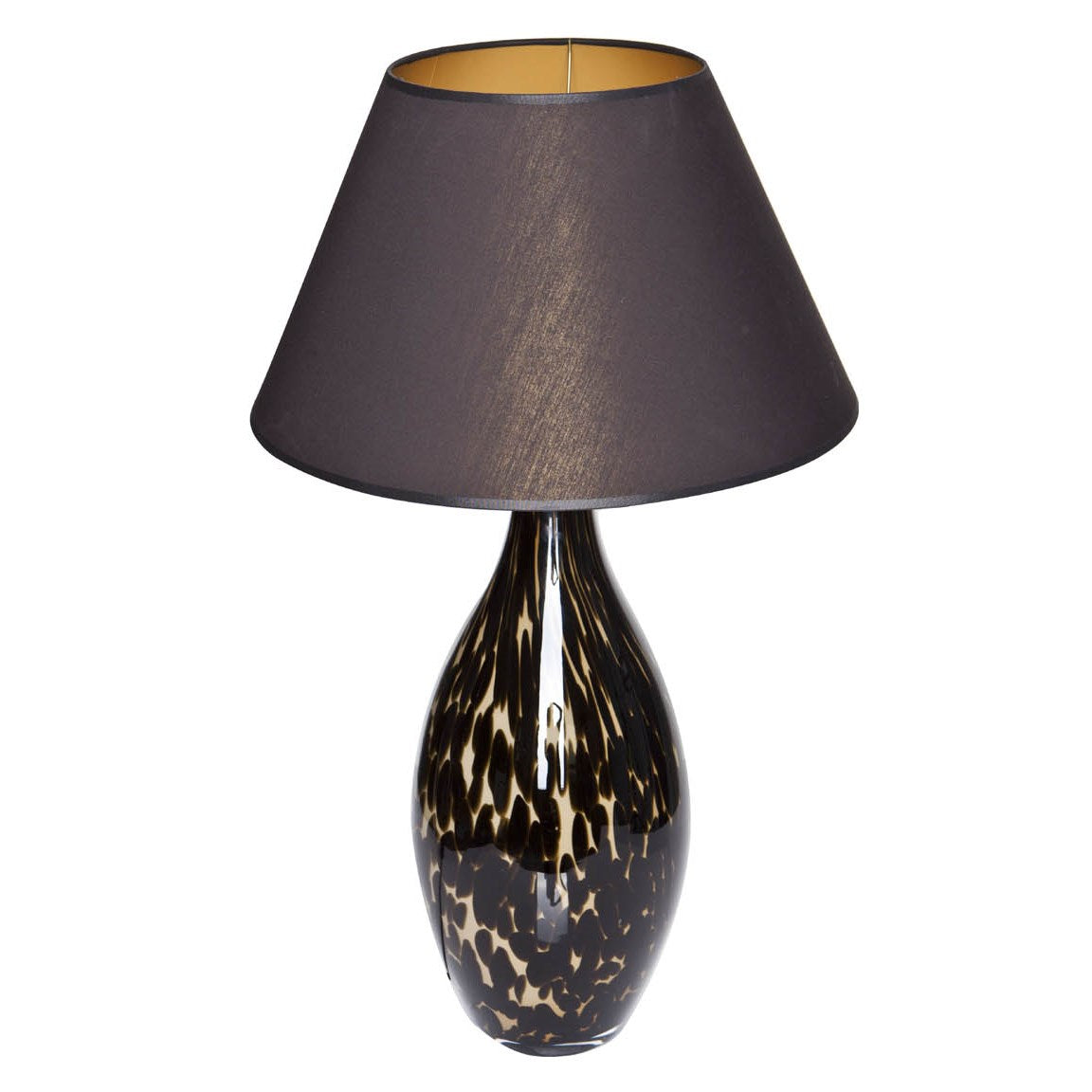 flaschenförmige Glaslampe mit schwarzem Stoffschirm schwarz innen gold