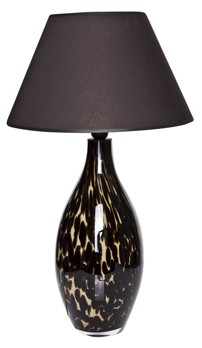 Tischlampe aus Glas gefleckt braun mit schwarzem Lampenschirm