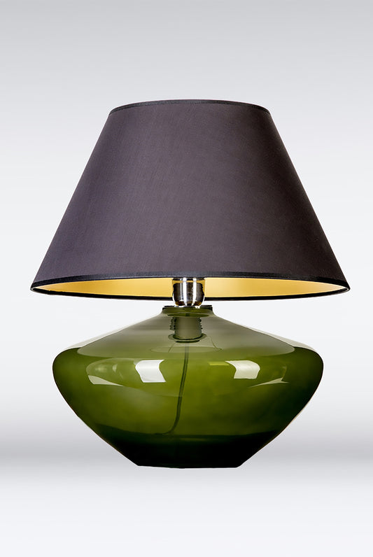 Glaslampe in grün mit Stoffschirm in schwarz