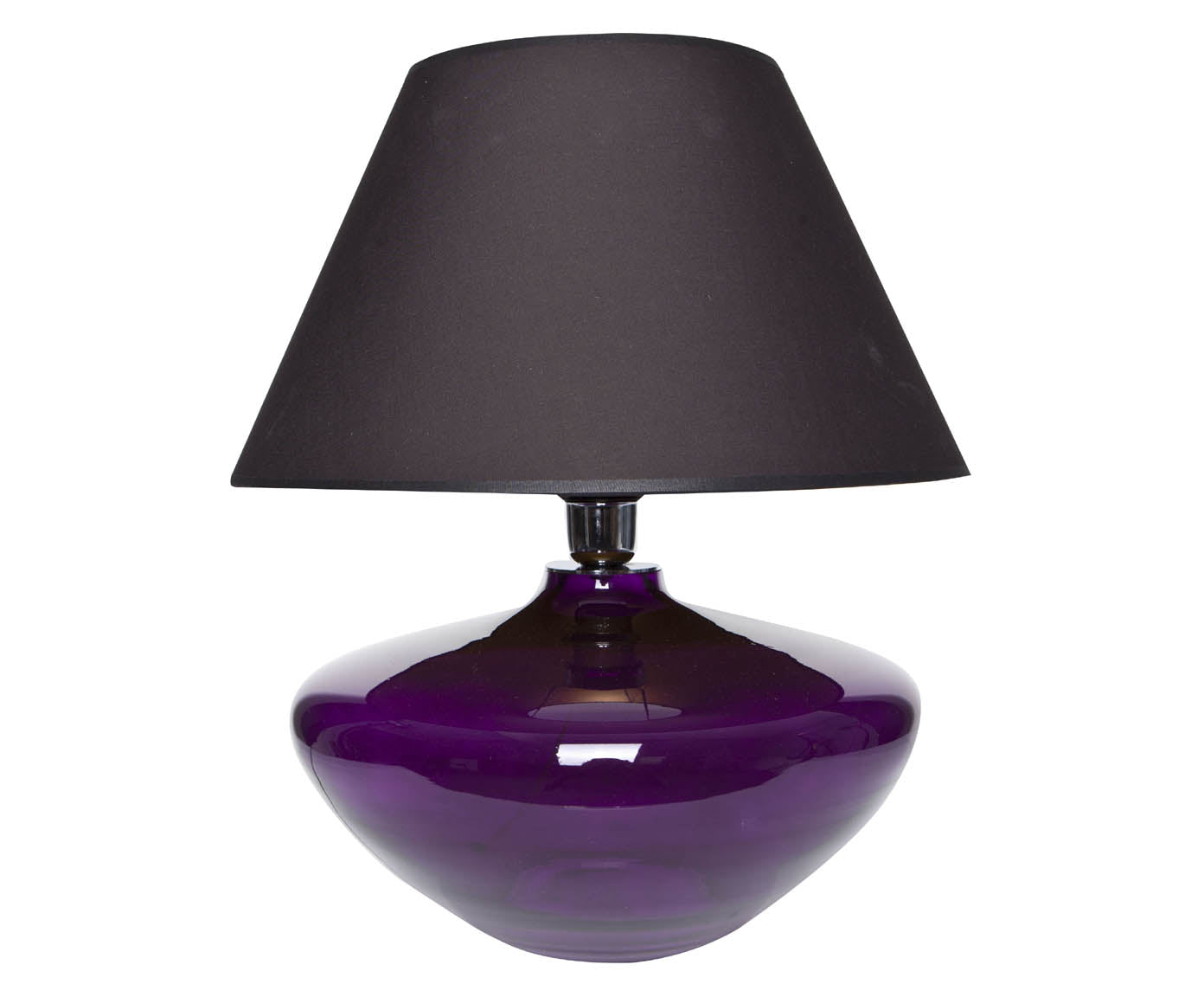 Tischlampe aus Glas in lila mit schwarzem Stoffschirm