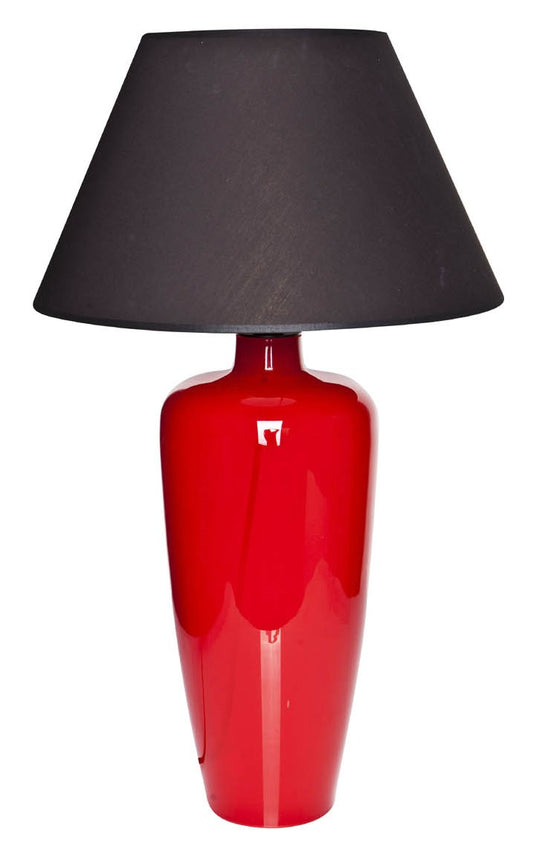rote Glaslampe mit schwarzem Stoffschirm