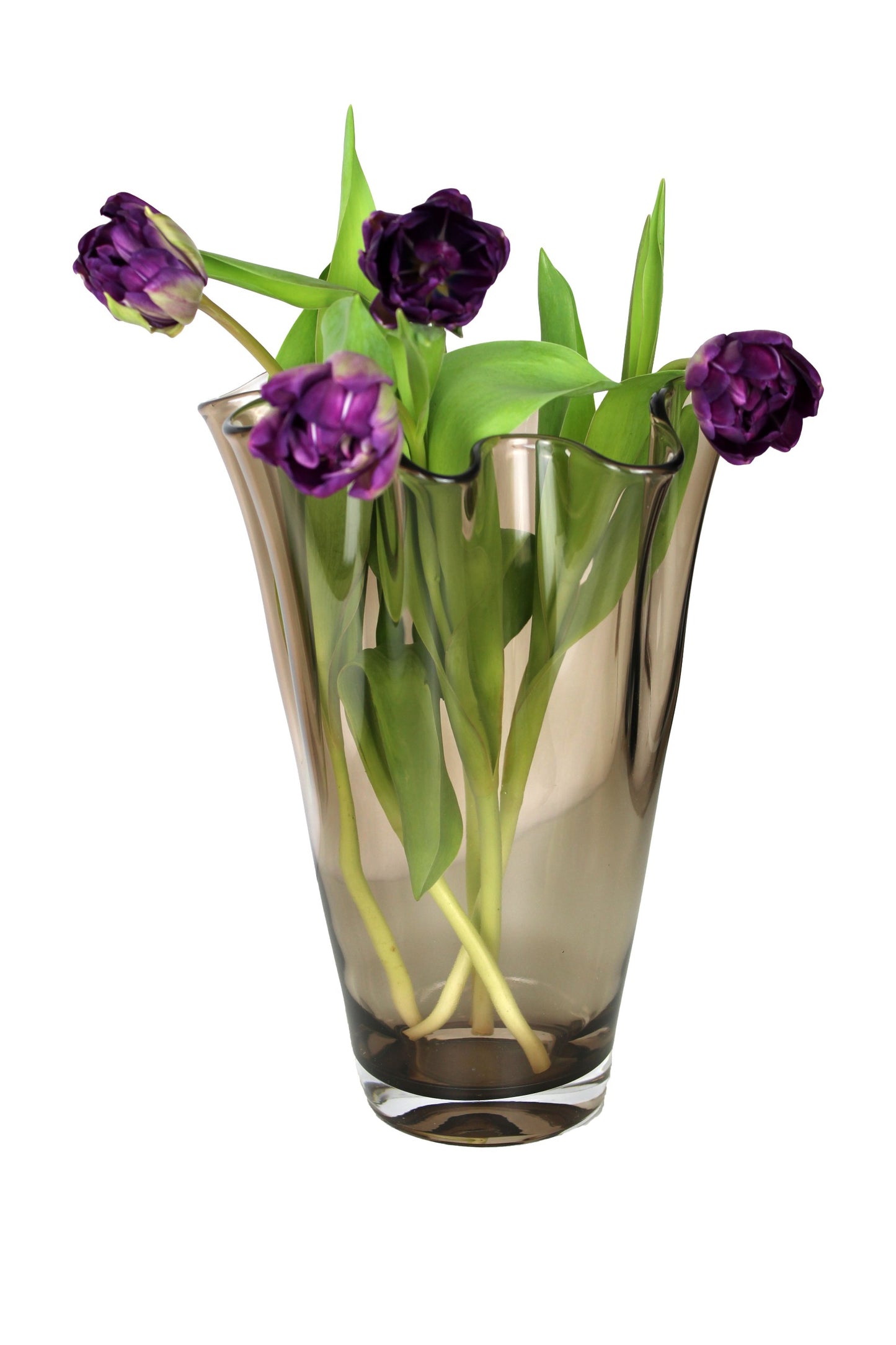 Taupe farbene Vase aus Glas mit lila Tulpen
