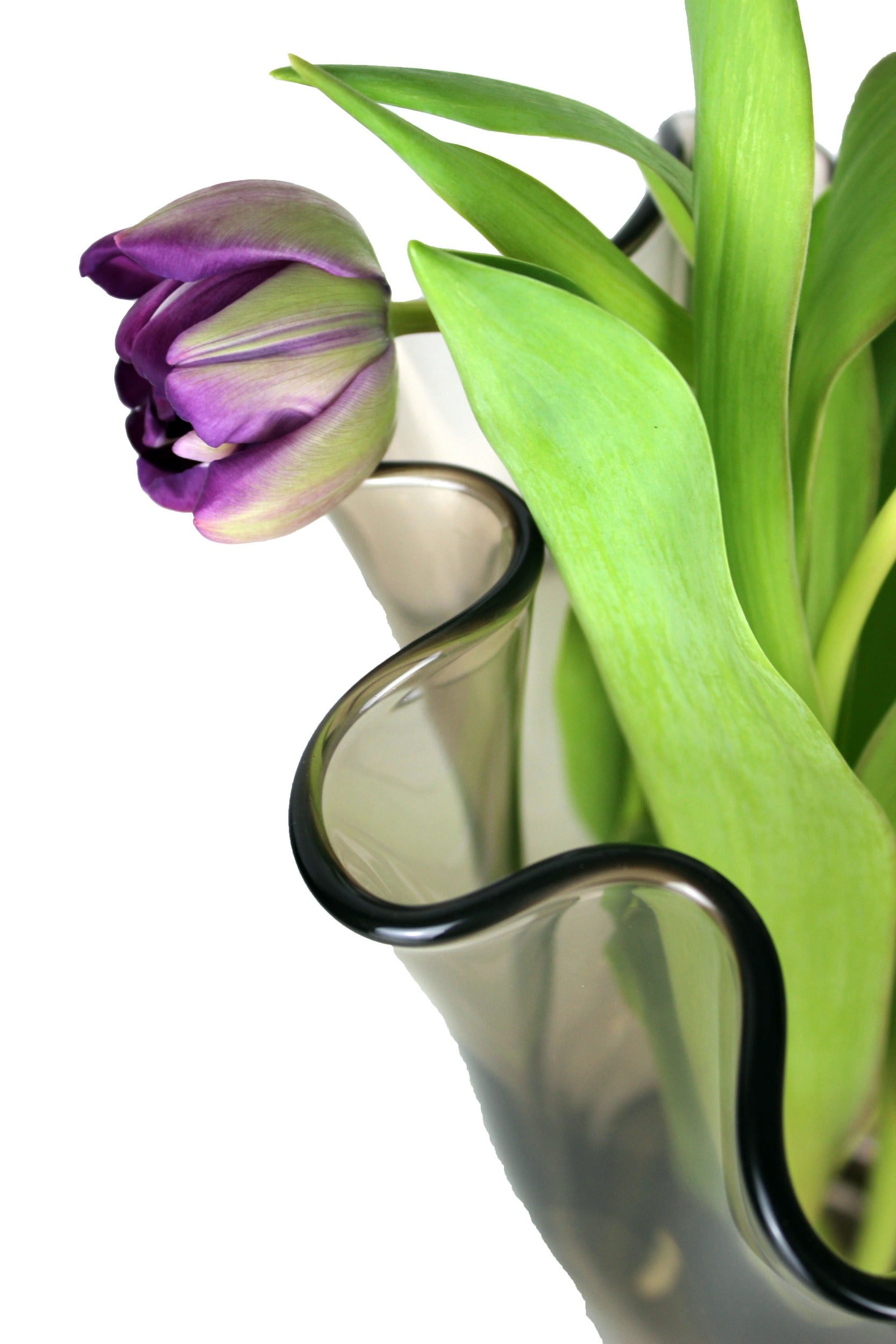 Braune Glasvase mit lila Tulpen als Tischdeko