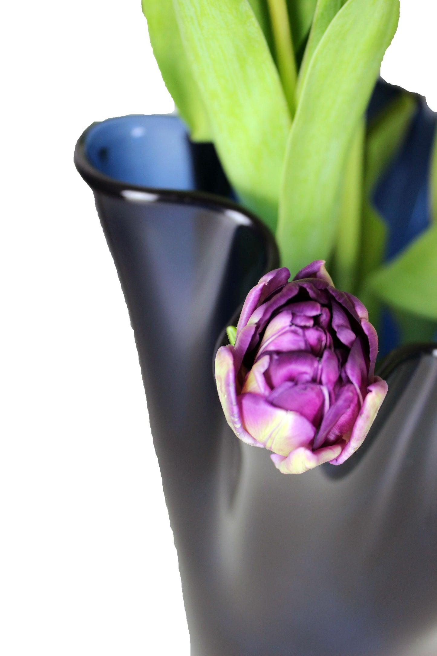 Blaue, mundgeblasene Glasvase mit lila Tulpen