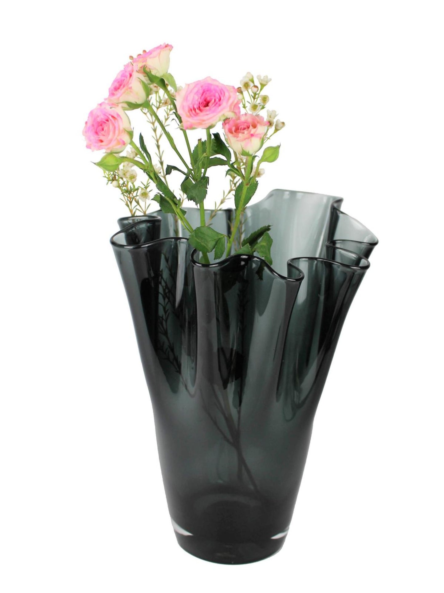 30 cm hohe Vase aus Glas in Farbe grau mit Blumen