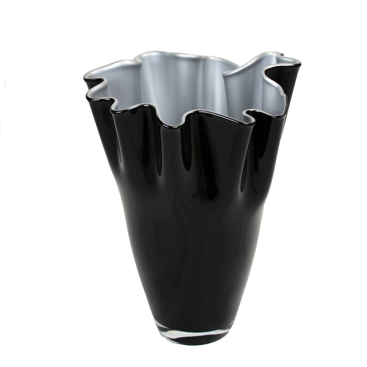 Schwarze Glasvase mit silber Farbe innen und gewelltem Rand