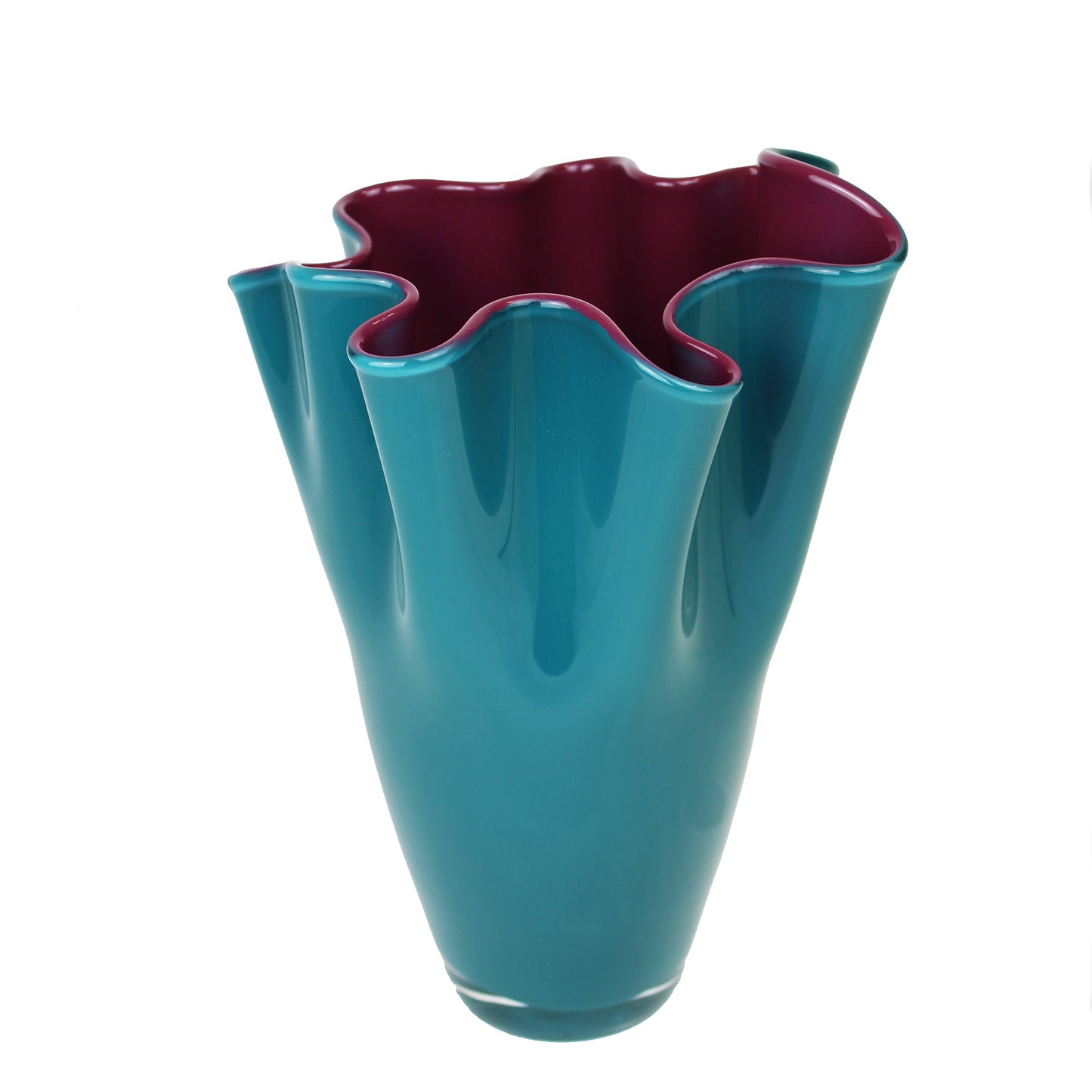 zweifarbige Vase in türkis und lila Glas mit gewelltem Rand