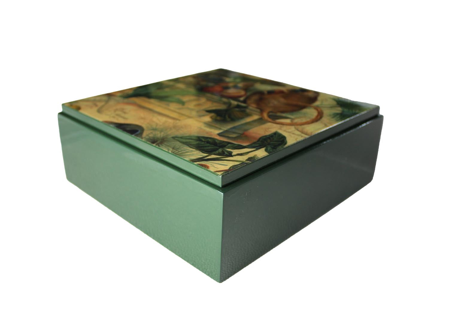 quadratische Holzbox mit Affenbild auf Deckel