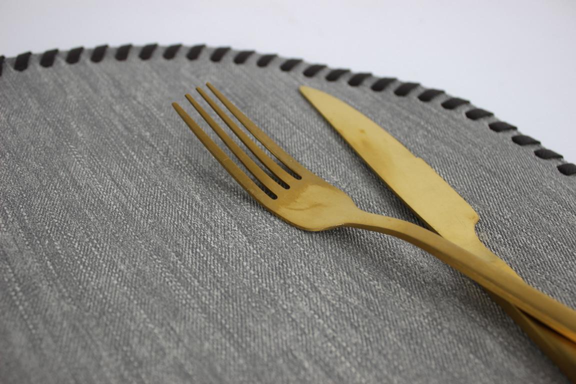 Tischset 4er Set rund Jeans grau mit Umrandung Lederband