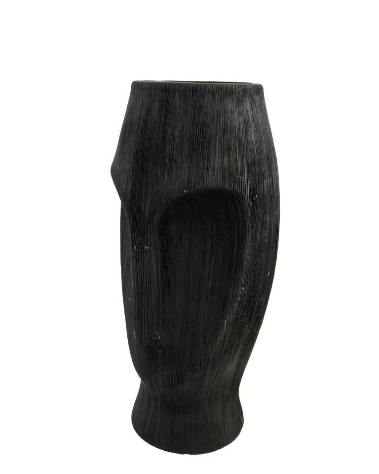 schwarze Vase aus Keramik mit Gesicht Moai für Blumen als Deko