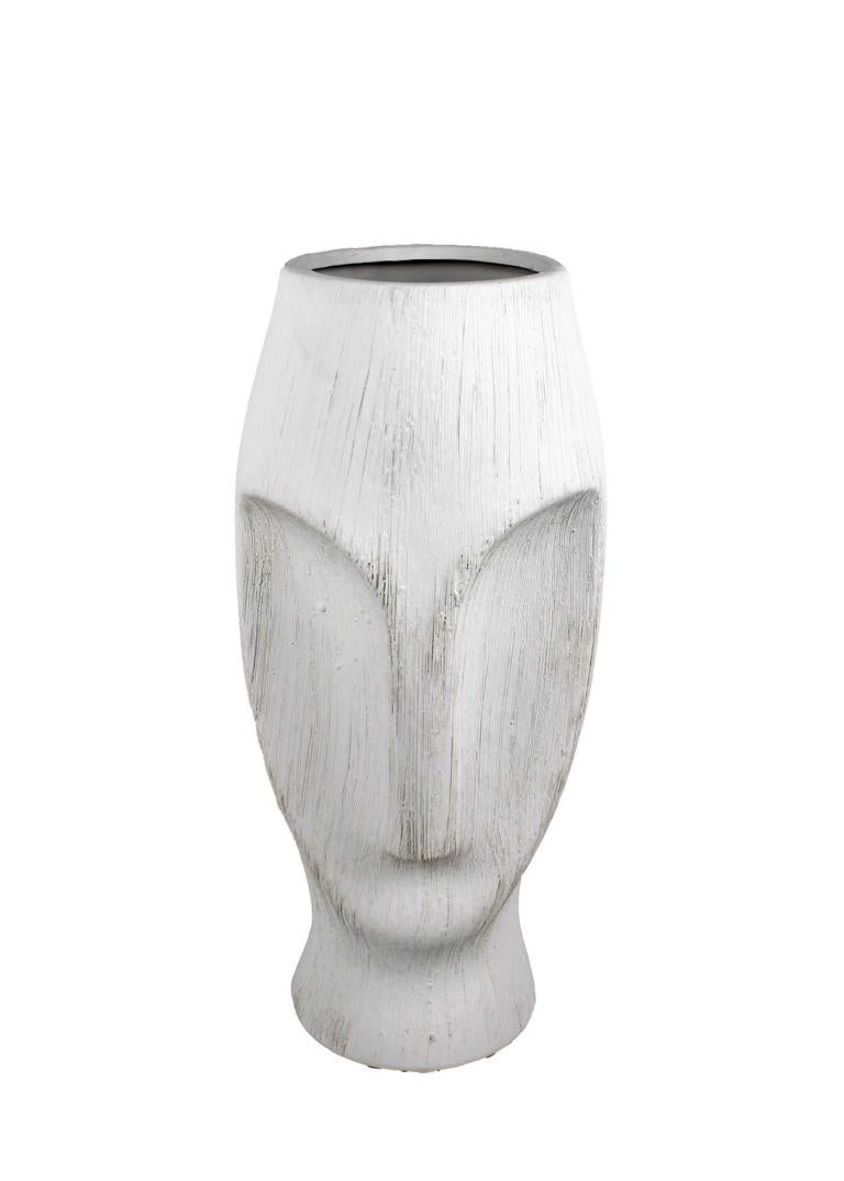 weiße Vase aus Keramik mit Gesicht Moai für Blumen als Deko