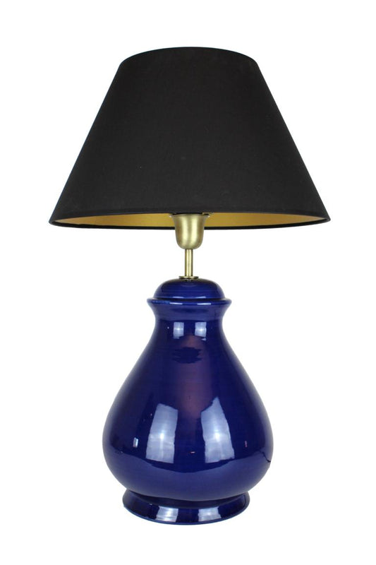 Keramiklampe blau bauchig mit schwarzem Lampenschirm