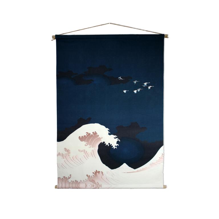 Wandbehang japanisch mit Welle und Kranichen in blau weiß