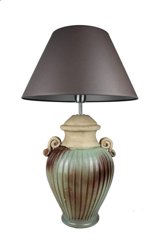 Türkis braune Lampe mit grauem Lampenschirm