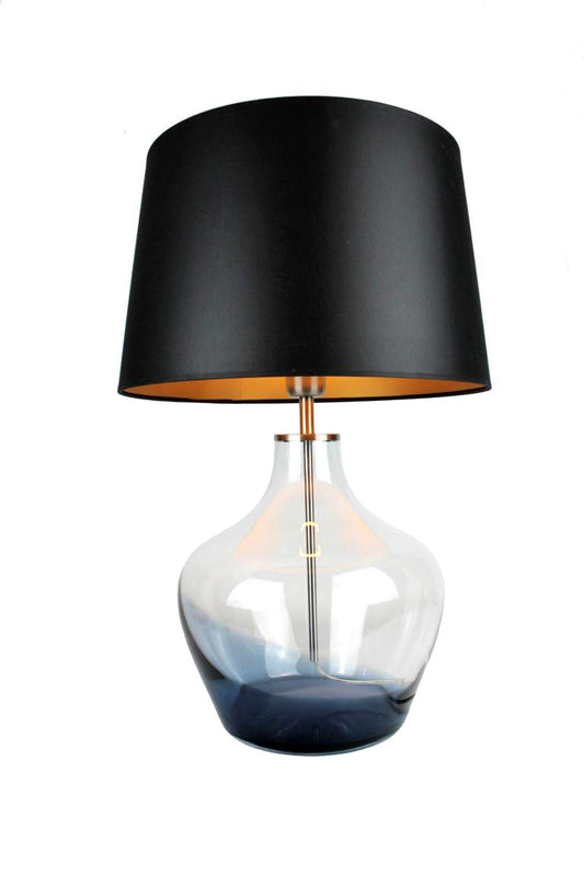 Glasmampe weiß blau maritim mit schwarzem Lampenschirm aus Stoff