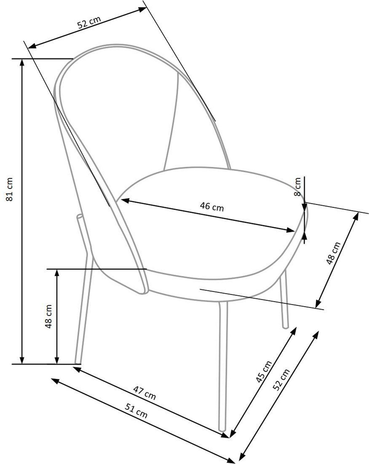 Skizze Esszimmerstuhl mit Maßen drauf