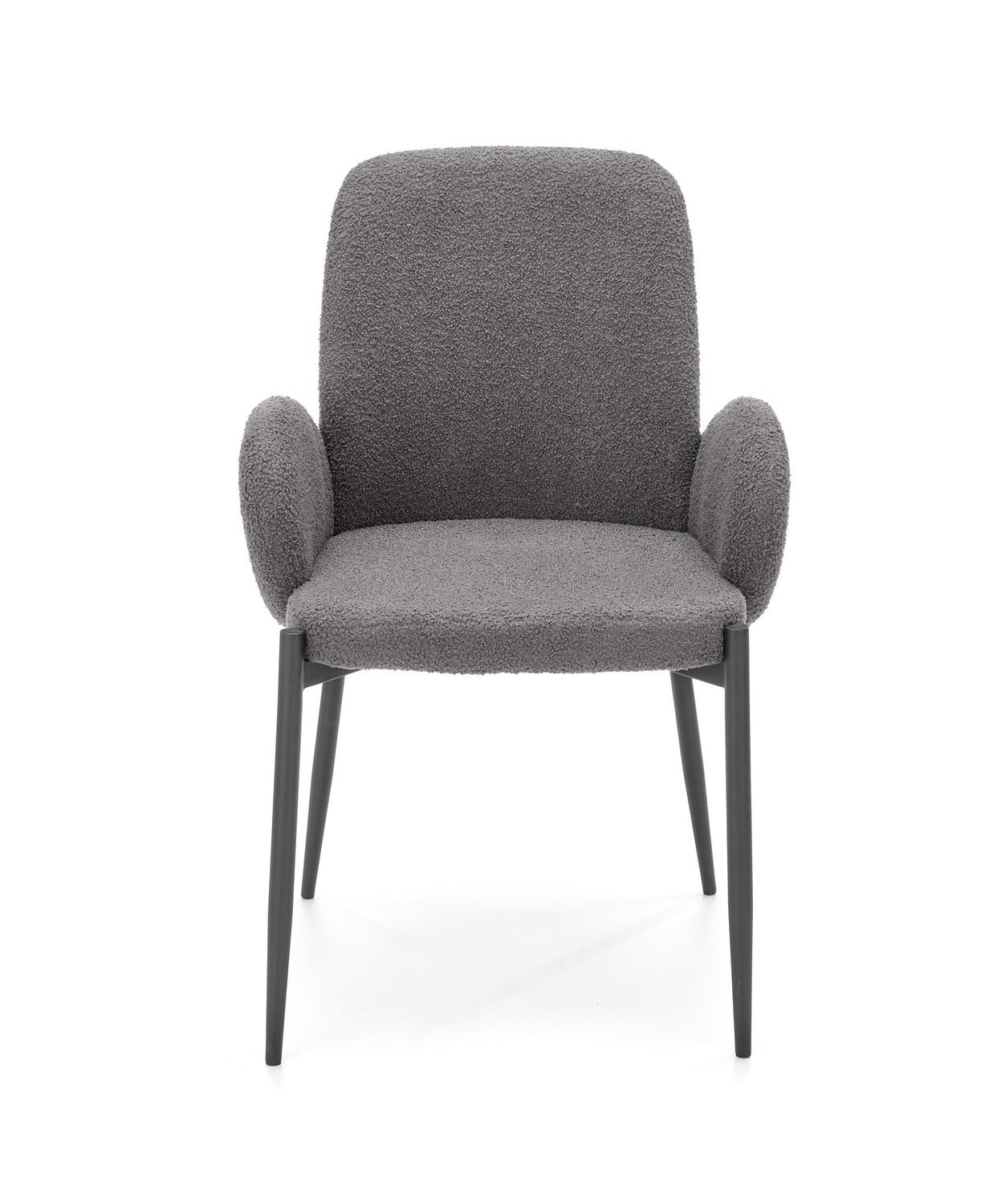 moderner Stuhl mit grauem Stoff bezogen 