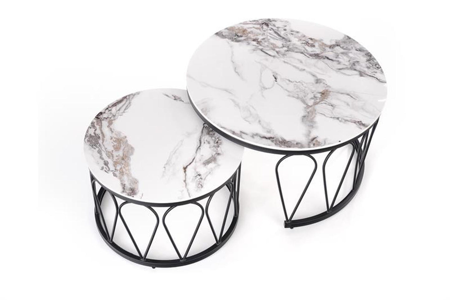 runde Tische für das Sofa mit Steinplatten in weißem Marmor