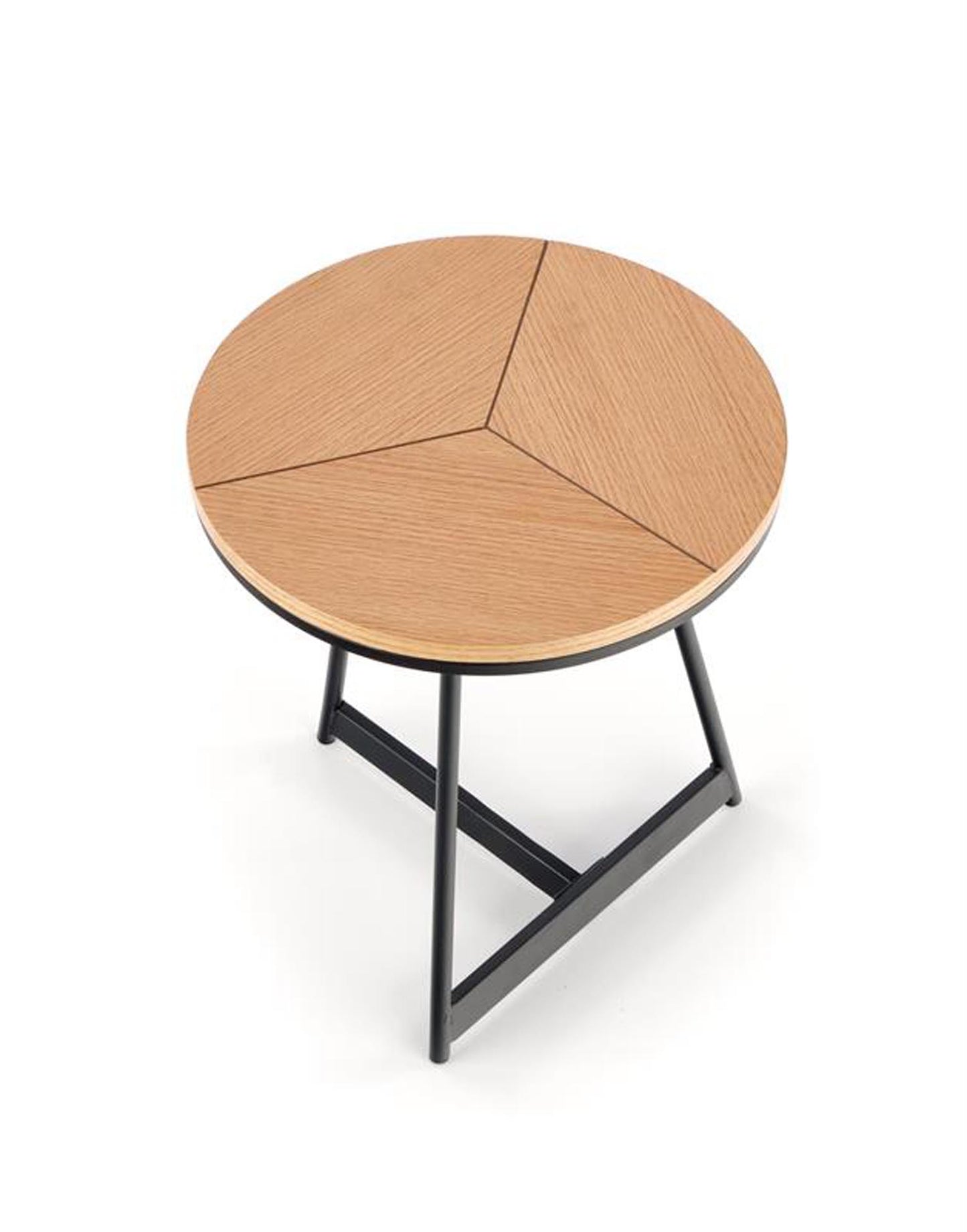 kleiner Tisch mit Holzplatte und modernem Metallgestell