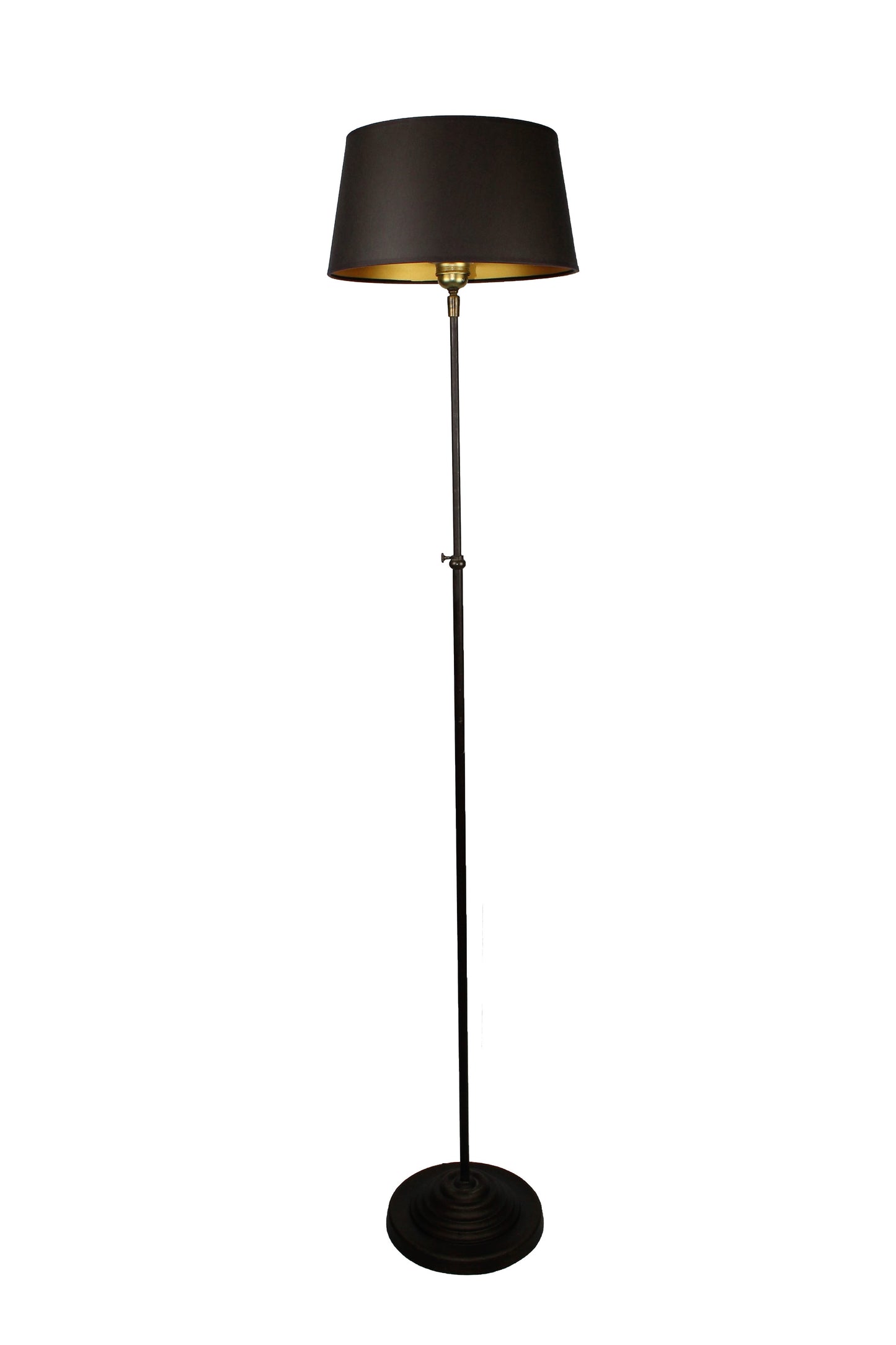 Stehlampe aus Metall braun mit Stoffschirm schwarz gold