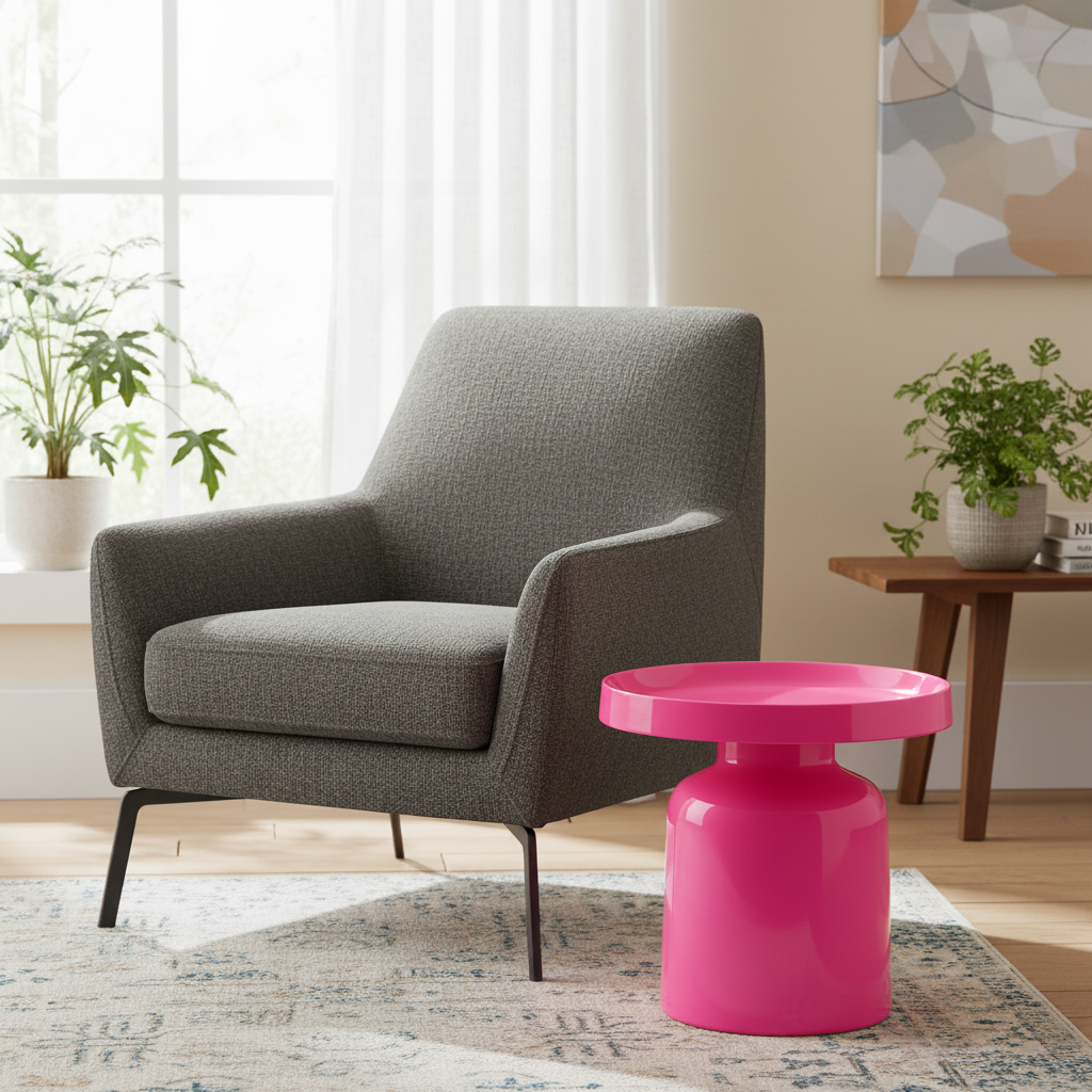 rosa Beistelltisch rund neben Sessel im Wohnzimmer