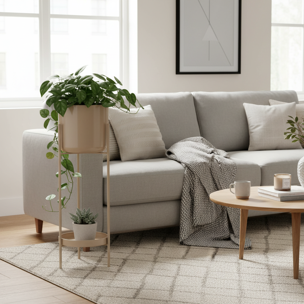 Beige planter next to sofa