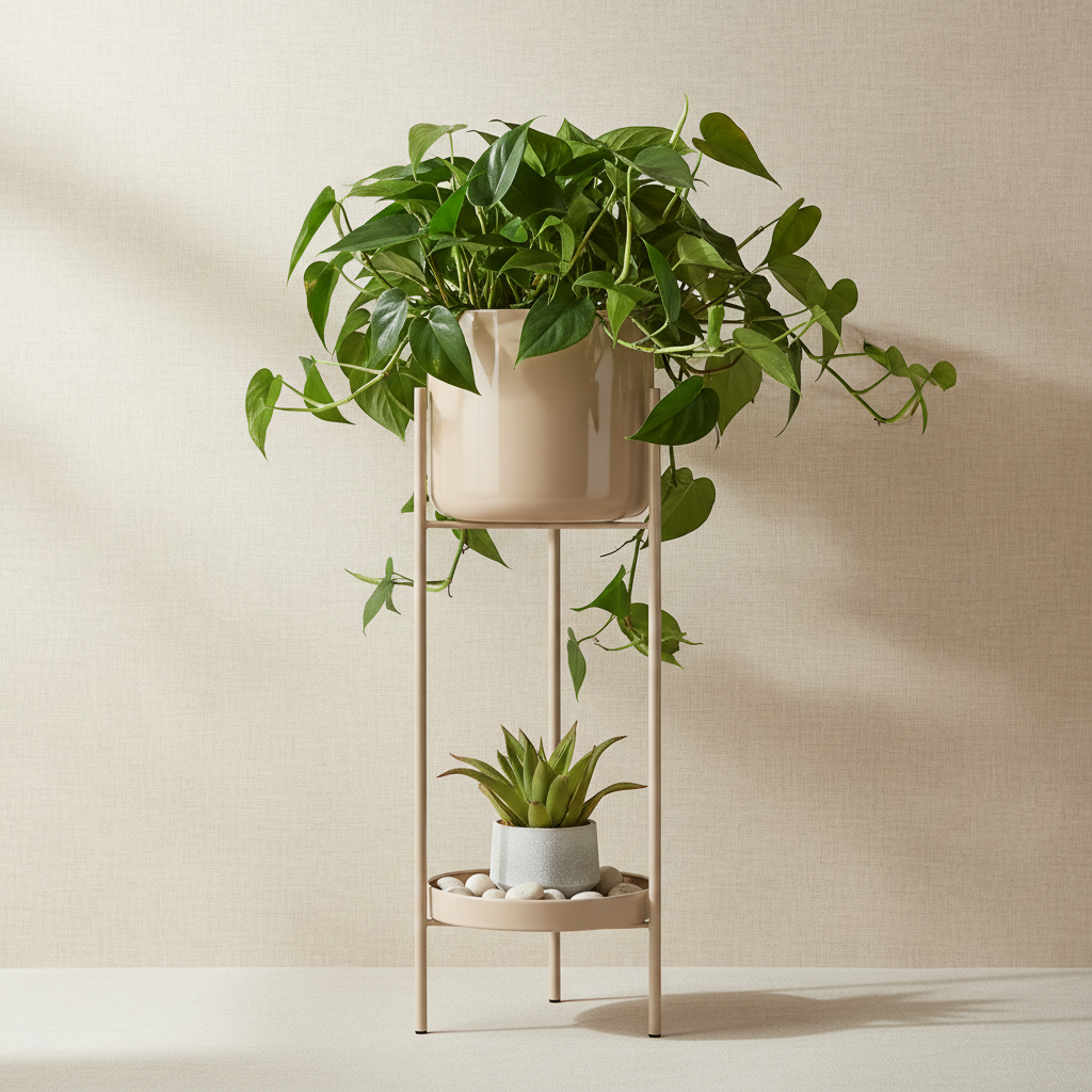 Beige planter with plant against linen wallpaper
