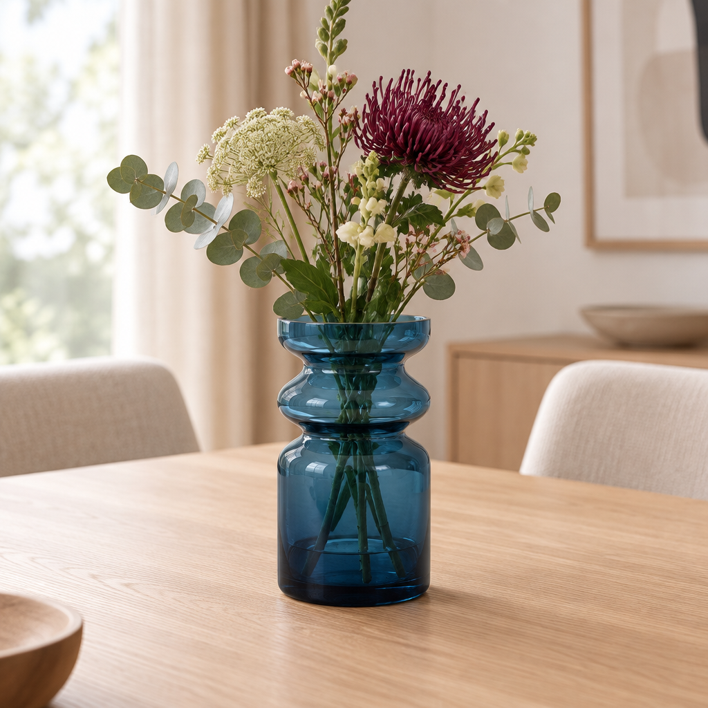 Blaue Gusto-Vase mit Blumen auf einem Esstisch