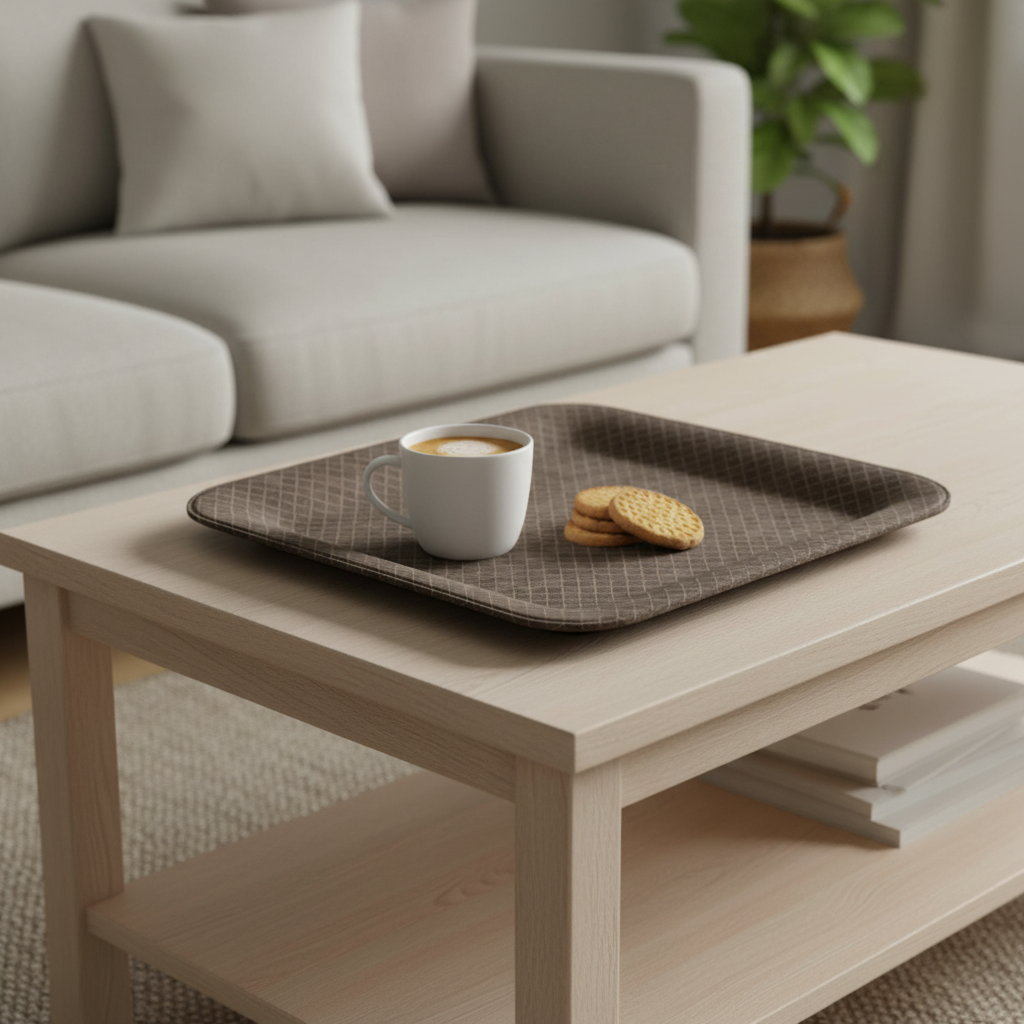 Braunes Tablett mit Rautenmuster in IKEA-Katalog-Atmosphäre