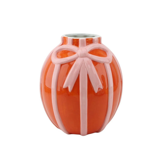 Vase Keramik Orange Rosa Rot 17 cm mit Schleife