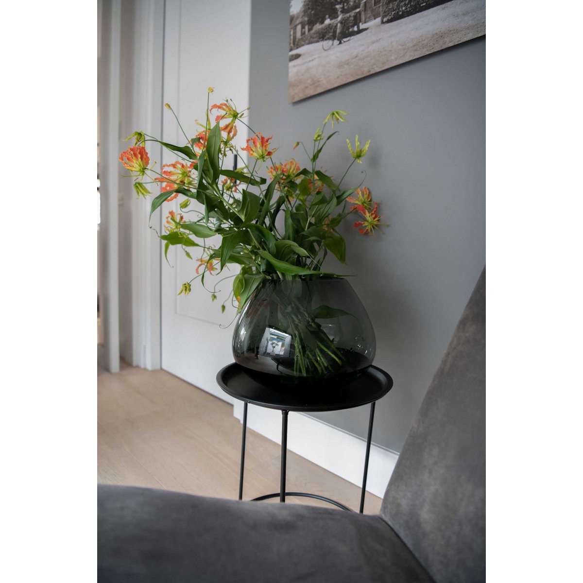 Glass vase, grey, round, mouth-blown, 25 cm
