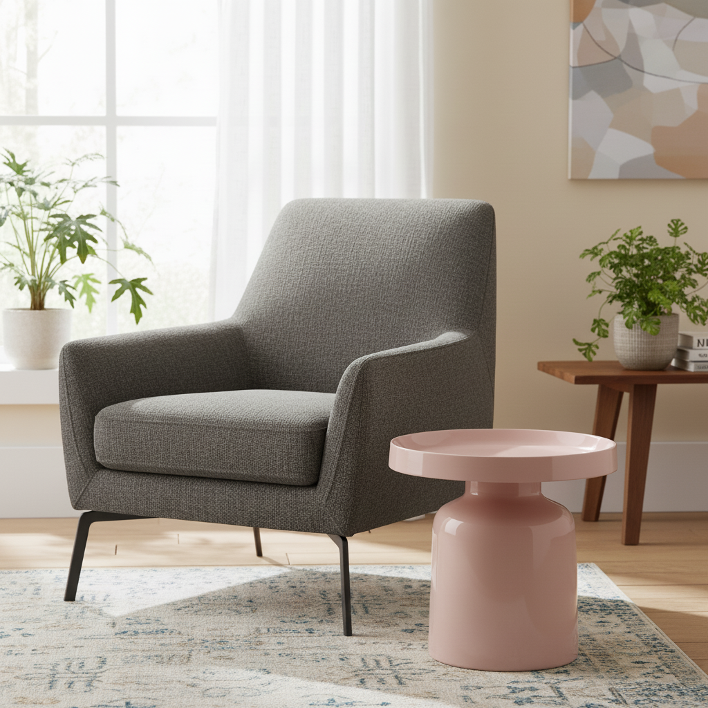 Beistelltisch aus rosa Metall neben Sessel im Wohnzimmer