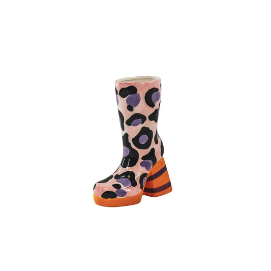 Flower vase boot with leopard print, ceramic vase, pink/orange, 24 cm