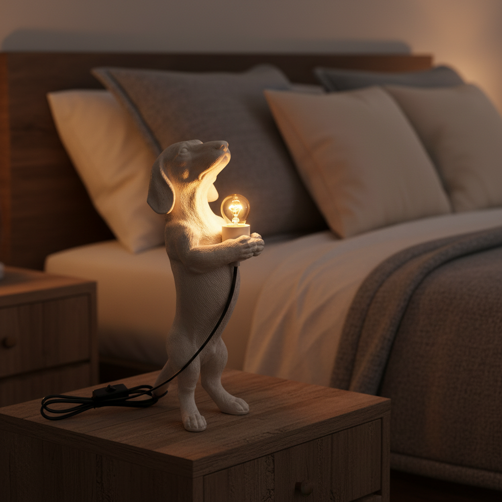 Dachshund Lamp Sand - Bedroom Close-up with Cable