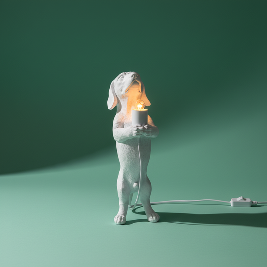 Dachshund Lamp White - Mint Background with Glowing Bulb