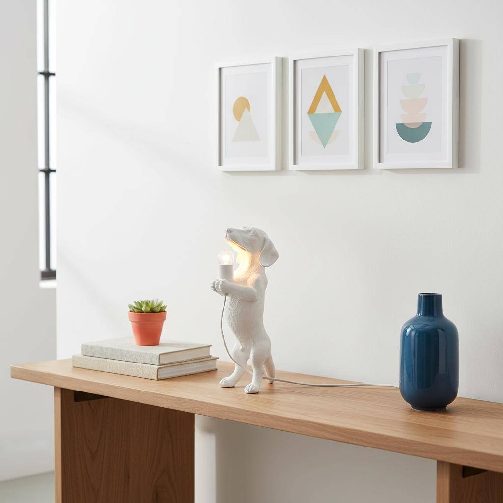 Dachshund Lamp White - Scandinavian Console Side View
