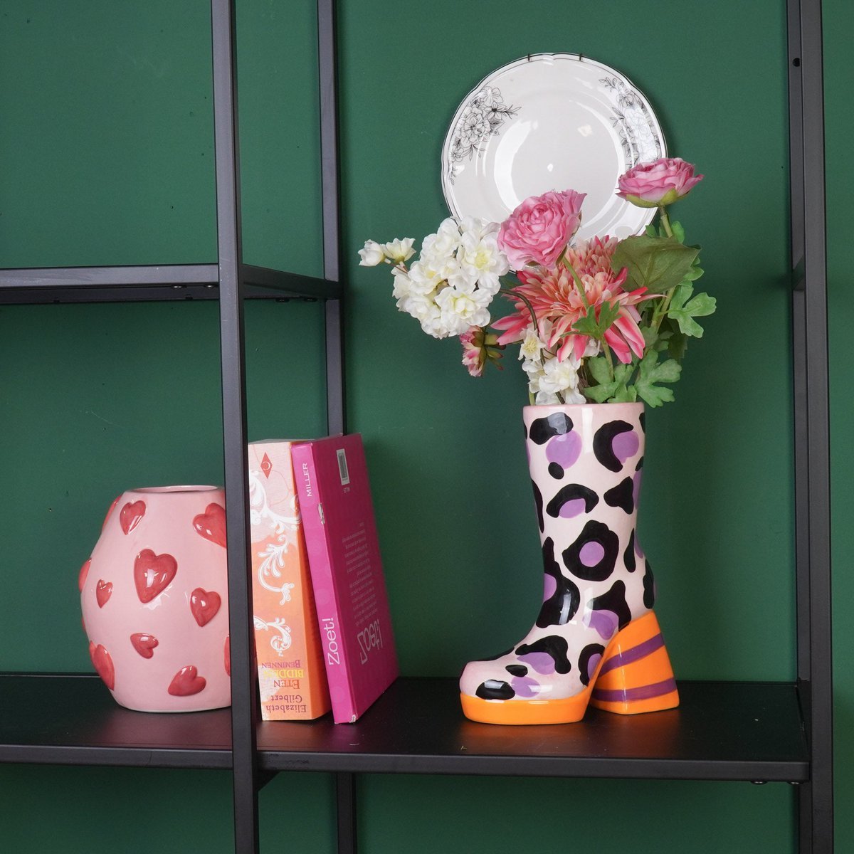 Vase botte à fleurs à motif léopard, vase en céramique, rose/orange, 24 cm