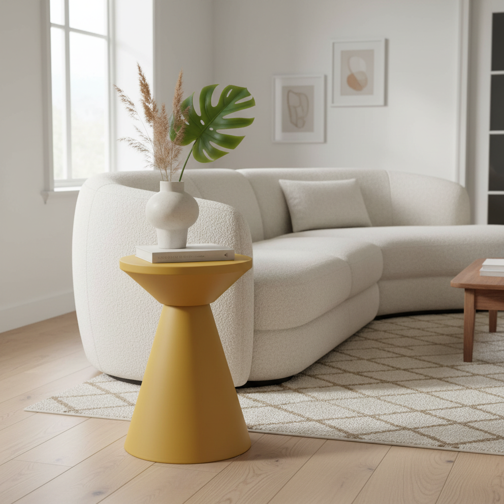 Gelber Beistelltisch neben rundem Sofa