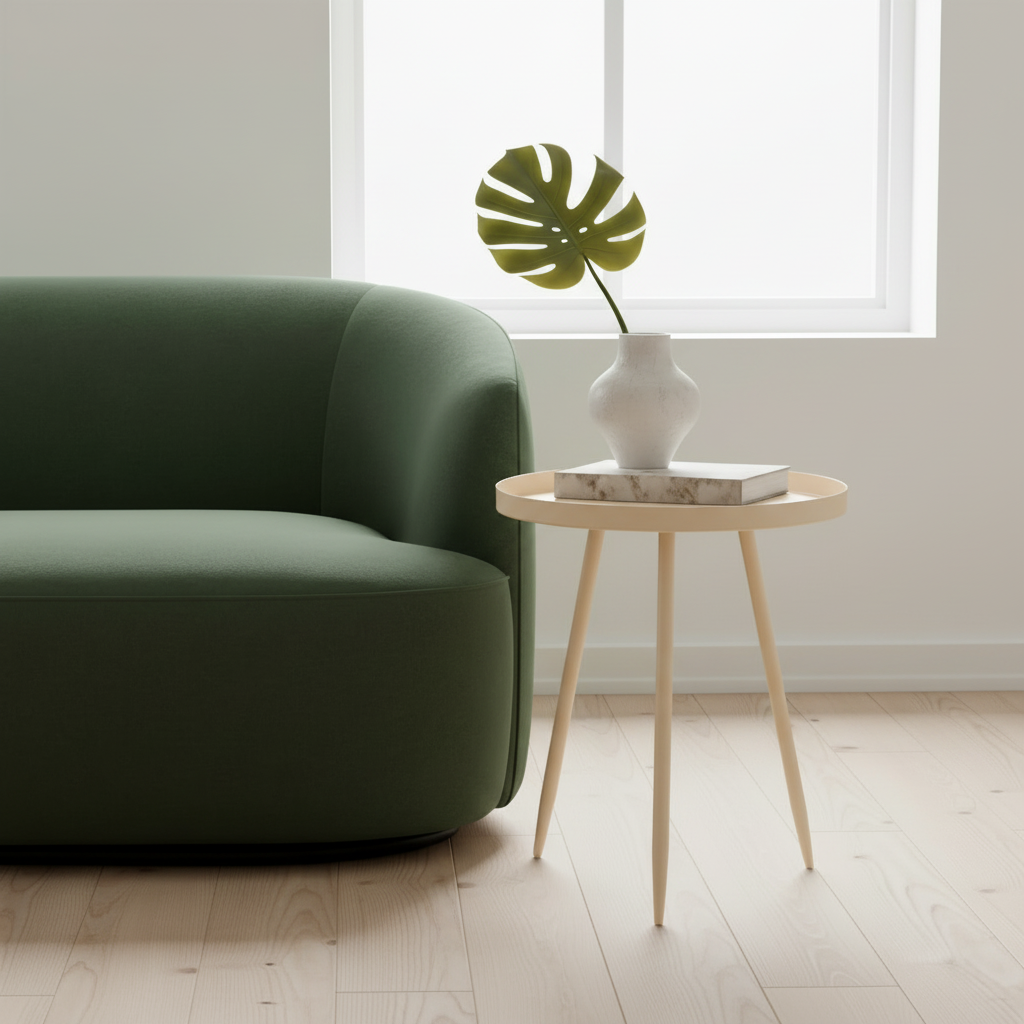 Heller Creme Beistelltisch neben dunkelgrünem Sofa