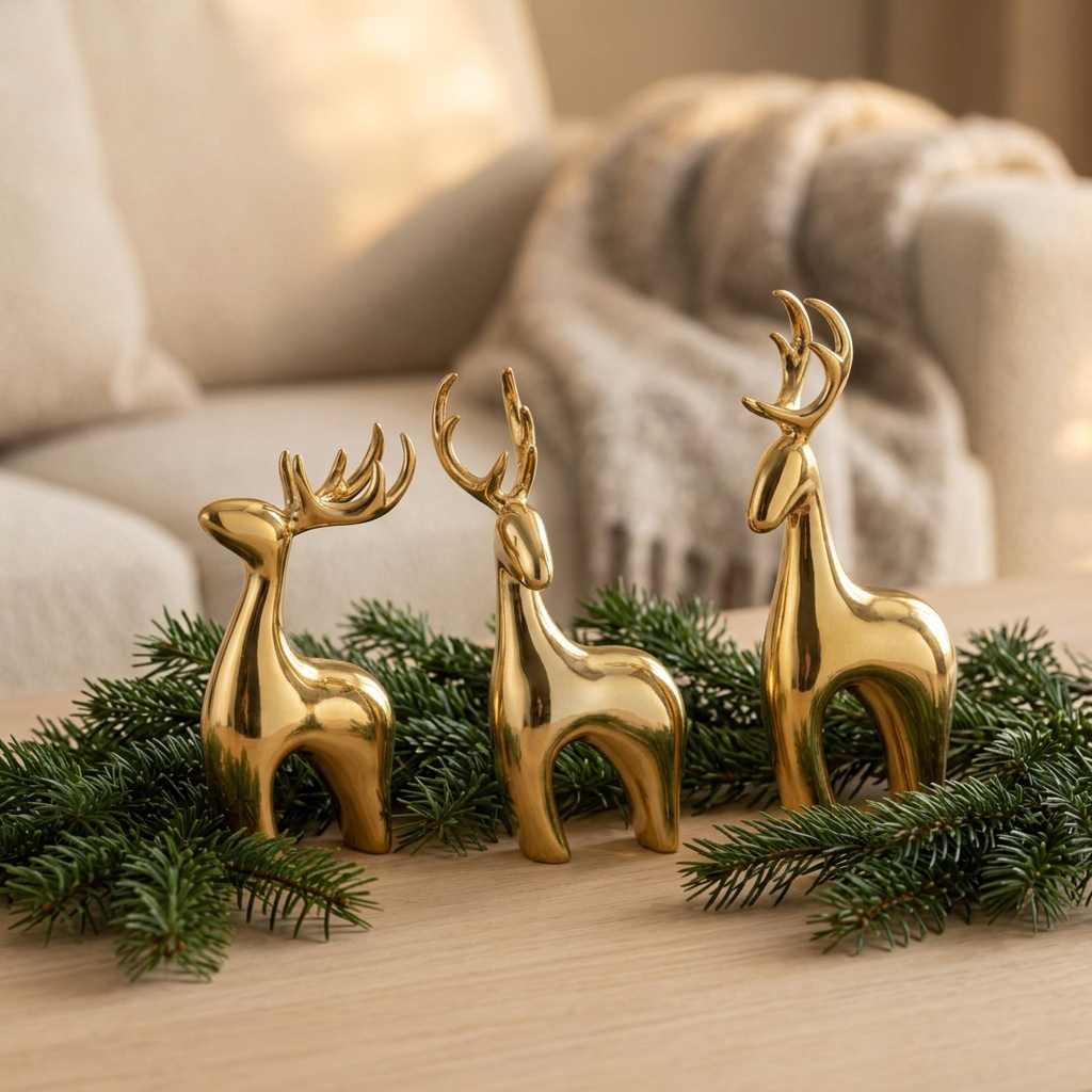 Nahaufnahme von drei goldfarbenen Rentierfiguren auf einem Holztisch mit natürlichen dunkelgrünen Tannenzweigen
