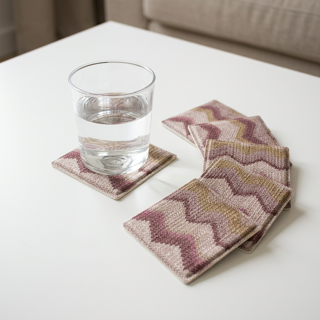 Rosa Zickzack-Untersetzer AP-183-WE9 als Sechser-Set mit Trinkglas auf weißem Tisch