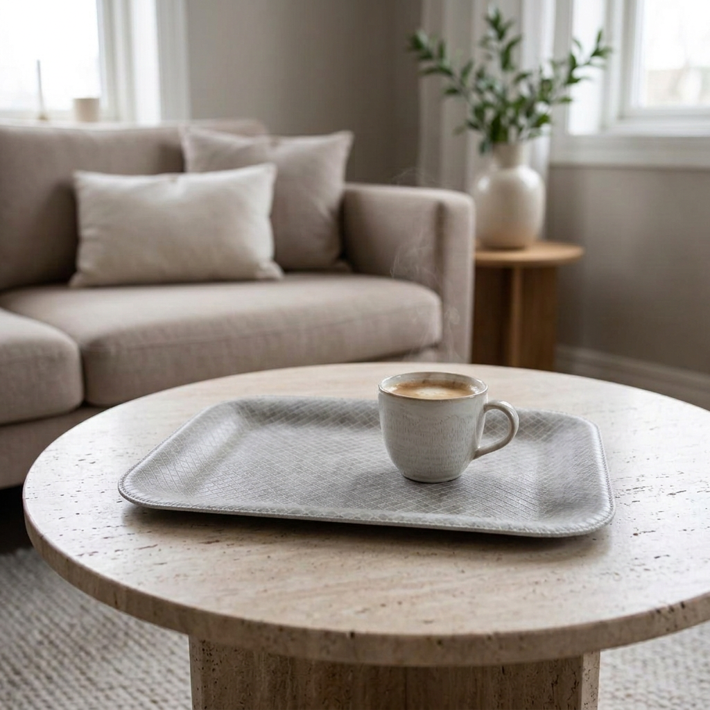Kleines flaches rechteckiges Kunstleder-Tablett in Hellgrau mit feiner Rautenprägung und einer Kaffeetasse auf einem Couchtisch im Wohnzimmer