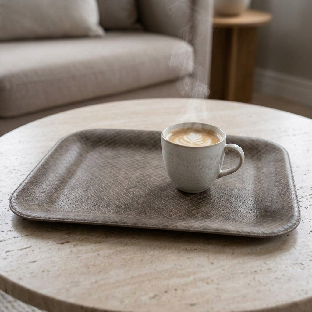 Nahaufnahme des kleinen flachen Kunstleder-Tabletts in Braun mit feiner Rautenprägung und einer Kaffeetasse auf einem Couchtisch