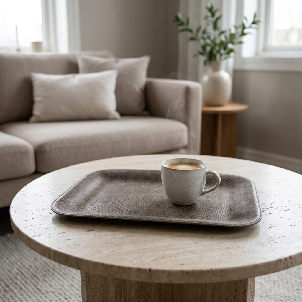 Kleines flaches rechteckiges Kunstleder-Tablett in Braun mit feiner Rautenprägung und einer Kaffeetasse auf einem Couchtisch im Wohnzimmer